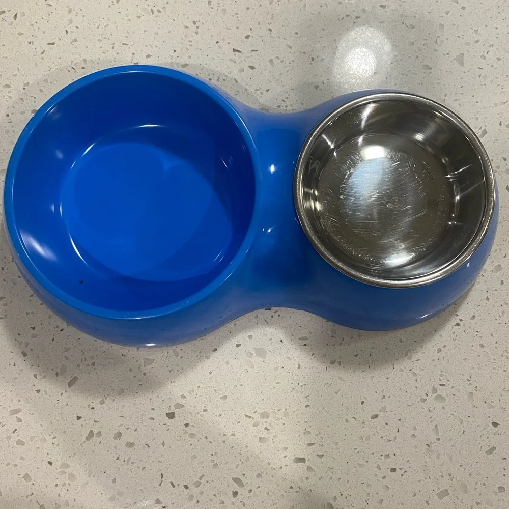 Stainless Steel Double Bowl Dog Cat Food Water Dish Feeding Station Blue